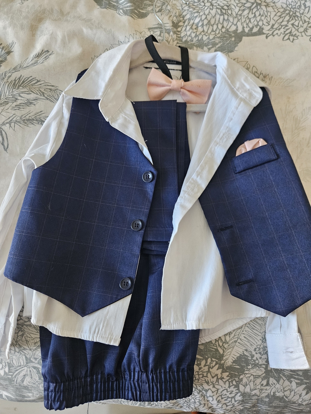 Navy Window Pane Boys' Suit Vest & Pants with Pink Bow Tie
